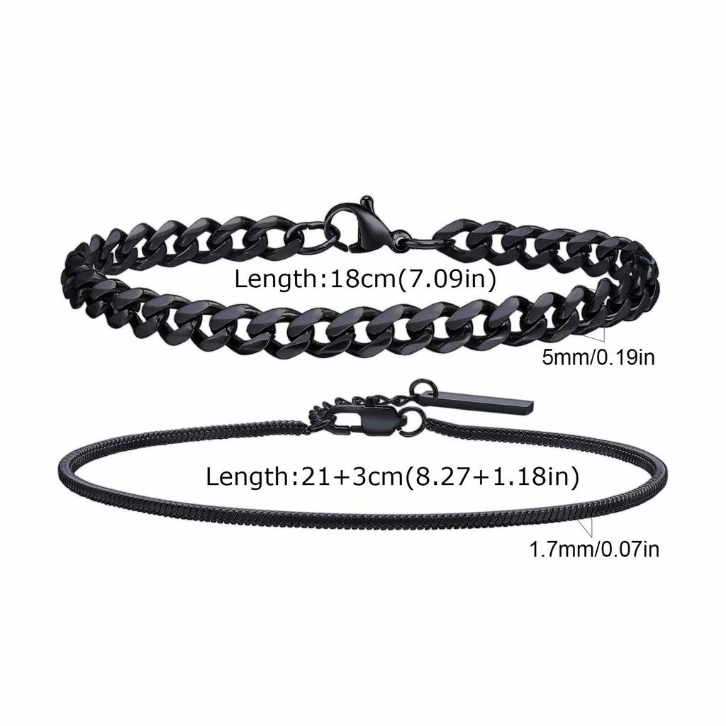 Vnox 2pcs/Set Cuban Figaro Rope Snake Chain Bracelet Set for Men Boys, Gold Black Silver Color Stainless Steel Wristband Jewelry