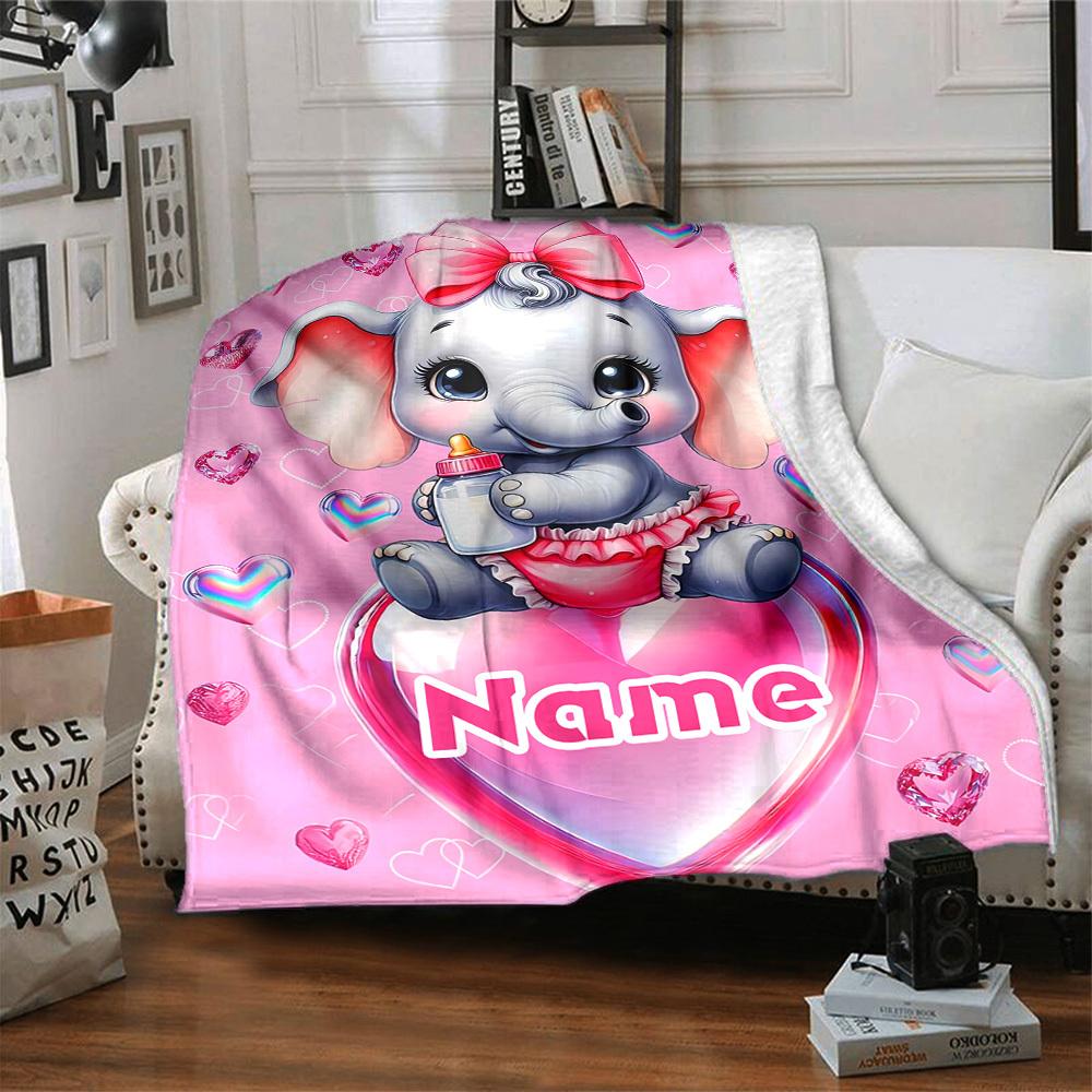 Elephant With Bow Home Customize Your Name Blankets Soft Lightweight Multipurpose Blanket For Picnics Sofas Offices Beds Living Rooms Perfect Gift For
