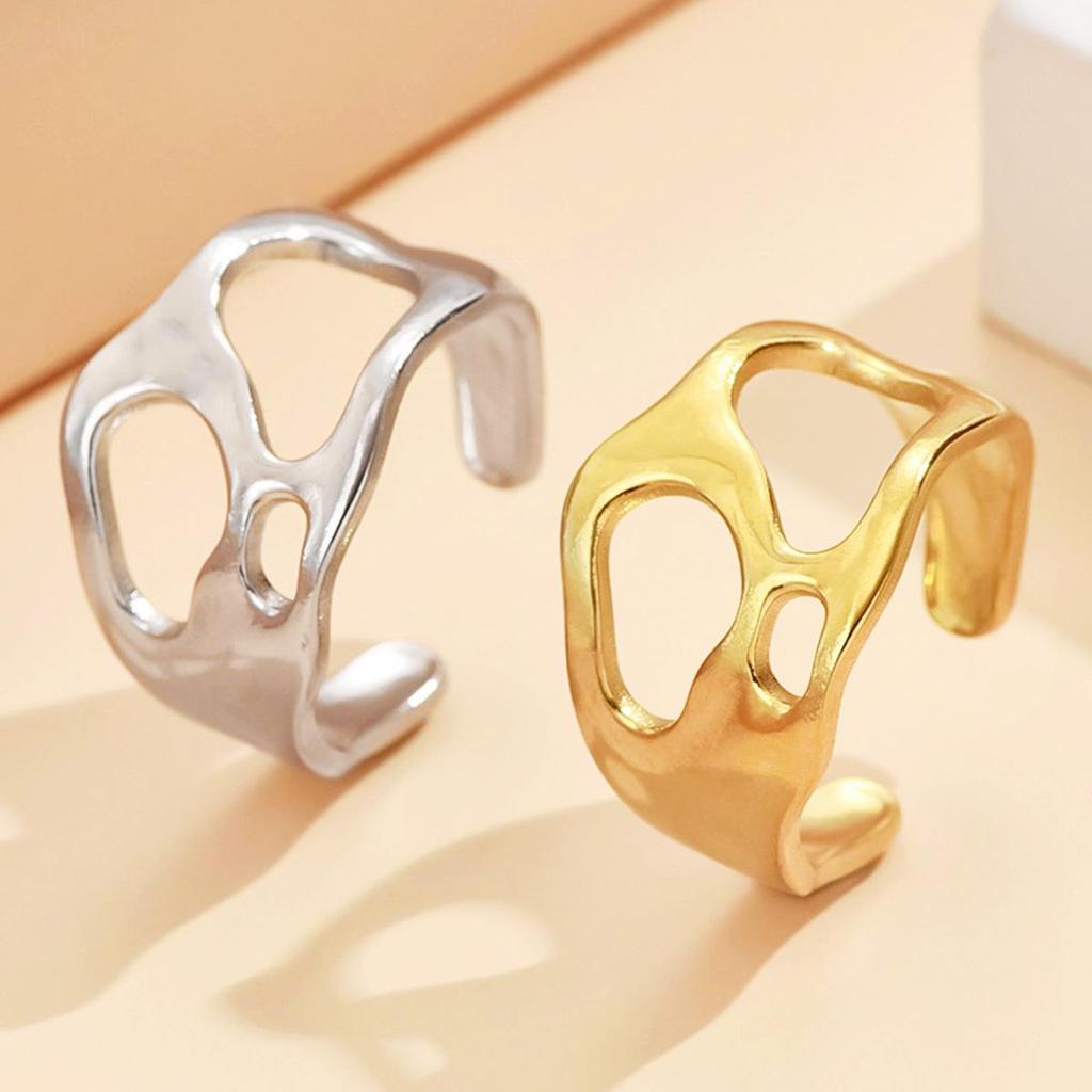 18K Gold Plated Stainless Steel Retro Baroque Open Adjustable Ring for Women