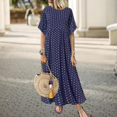 Women Dot Print Maxi Dress Summer Short Sleeve Crew Neck Long Dress Casual Pleated Swing