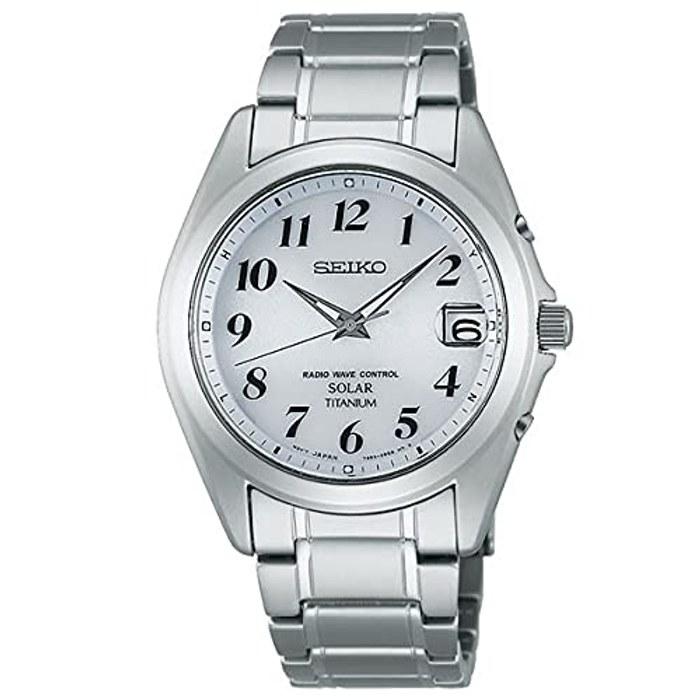SEIKO SELECTION SBTM223 Men's Watch Solar Radio Sync, Date Calendar, White Dial (Arabic Numerals), Titanium Case & Band, Silver/White