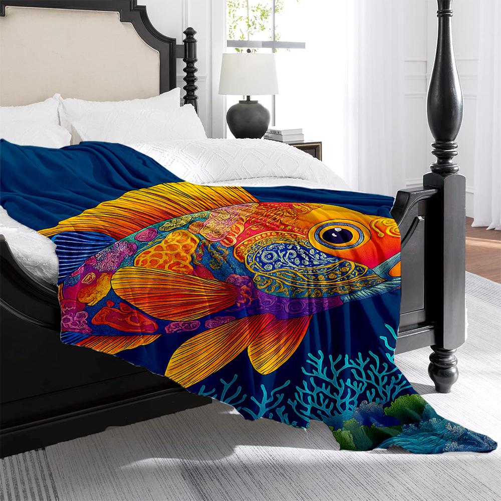 1pc Tropical Fish Coral Reef Print Flannel Blanket - High Weight Soft Warm All-Season Throw with Vibrant Underwater Design, Mach