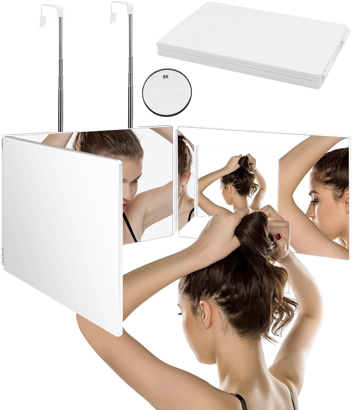 

Athvcht Зеркало для макияжа с широким обзором, регулируемой высотой и углом наклона, стабильное, HD-качество, трехстороннее, с обзором затылка, регулировка 360°, регулируемое, складное, белый