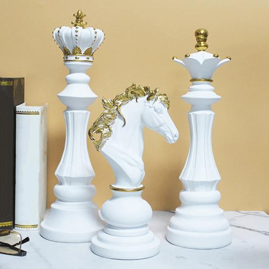 Chess Piece Statue Collectible Black White Horse Sculpture King Queen Knight Chess Piece Figurine for Home Office Desk Shelf Decoration