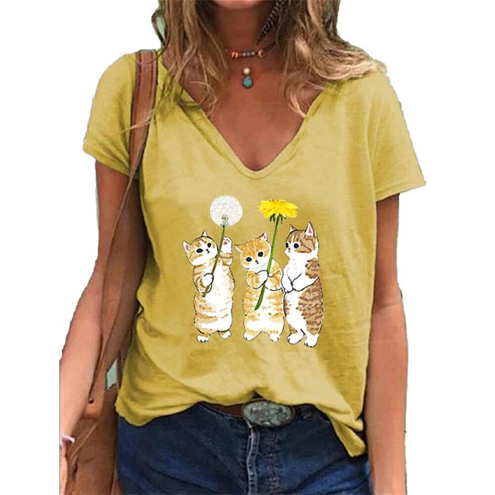 Fashion Spring Cat Print Blouses Short Sleeved V-Neck T Shirts Casual