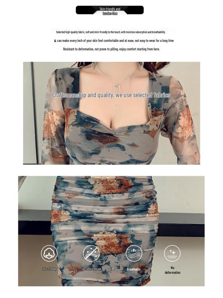 Elegant Floral Mesh Bodycon Dress - Square Neck, Pleated, Long Sleeve, Mini Skirt.