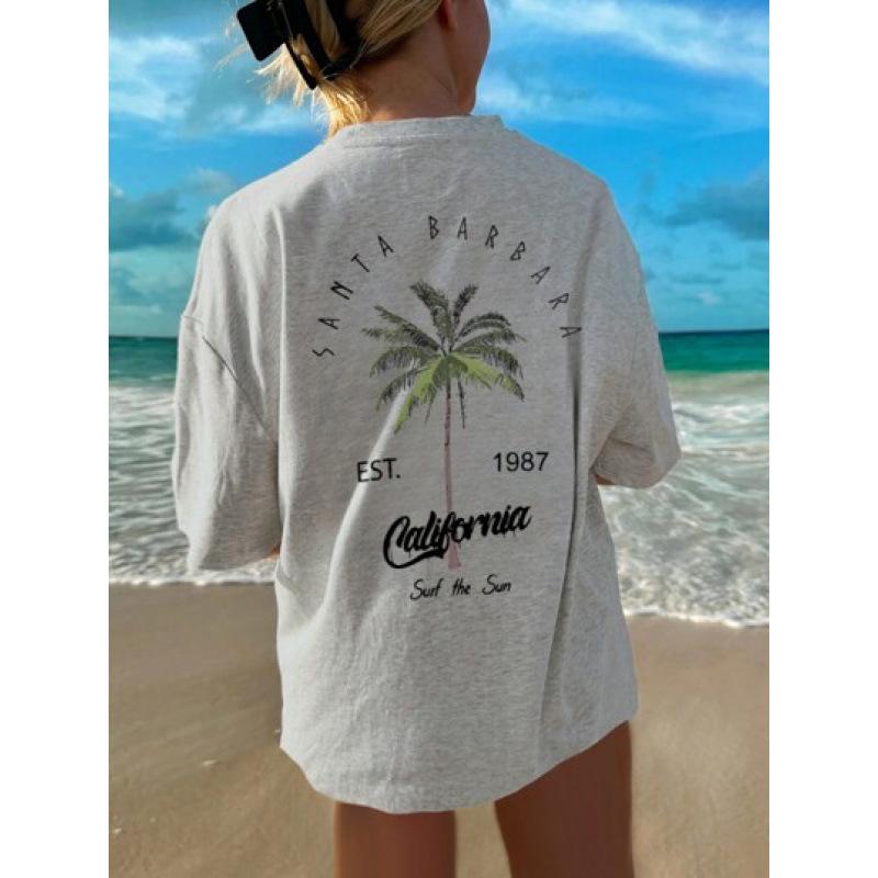 Women's Coconut Tree & Letter Print Drop Shoulder Tee