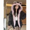 In Winter, Lazy Mountain Carving Wears Rabbit Ears, Hooded, Thickened Pink Fluffy Jacket On Both Sides, and Women's Warm Cotton Clothes.