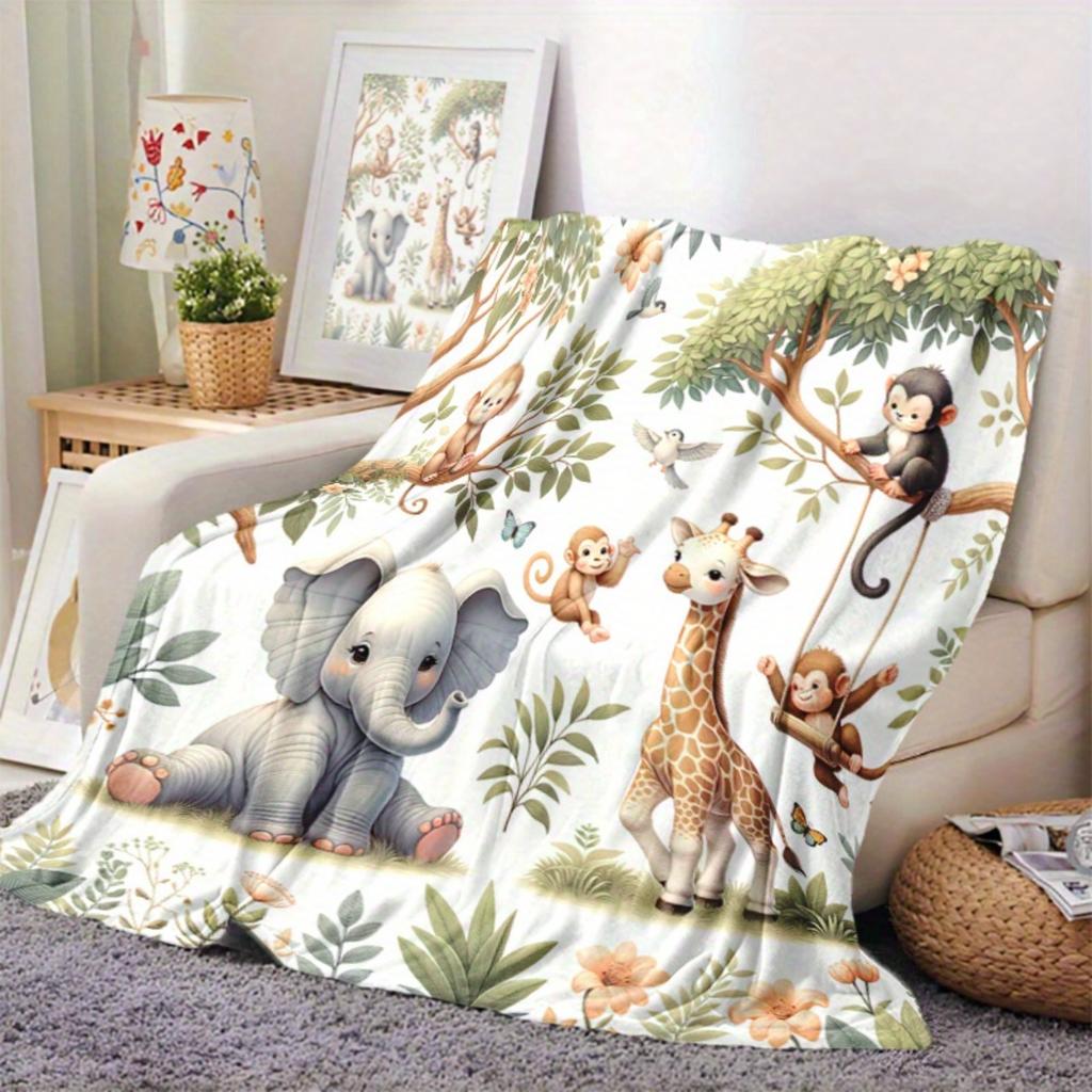 1 Super Cute Cartoon Animal Flannel Blanket - Soft, warm, and cozy parabolic design with a lively jungle pattern, perfect for