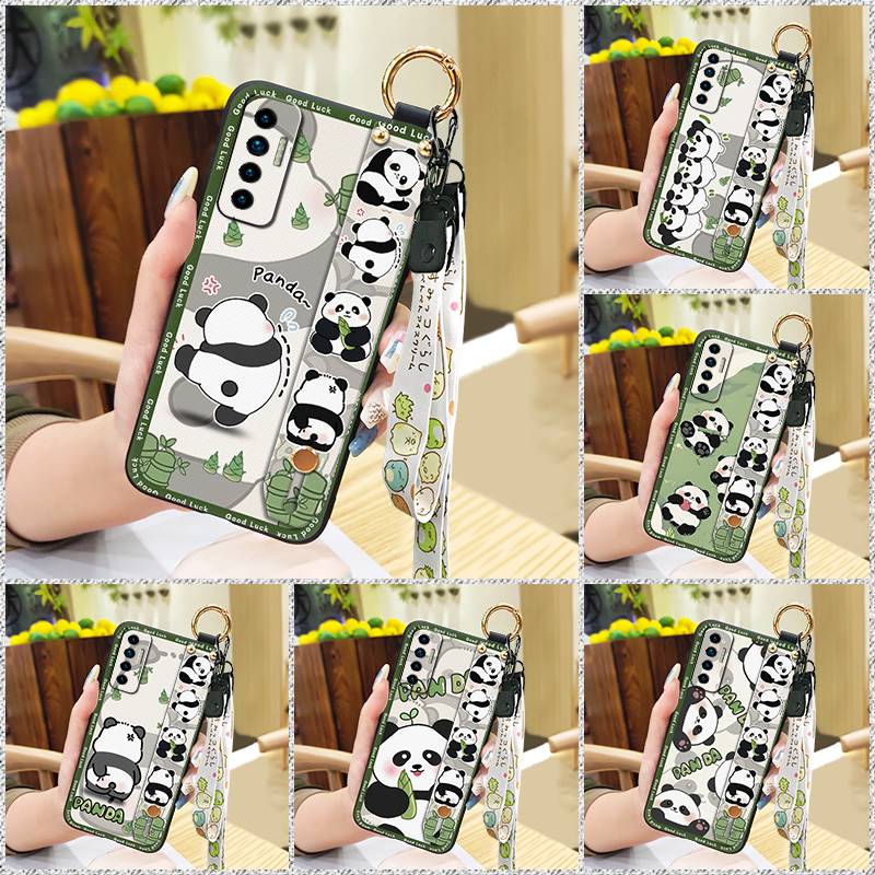 Fashion Design Cute Phone Case For Tecno Camon17P Phone Holder Cartoon Back Cover Shockproof Panda Silicone Ring Lanyard