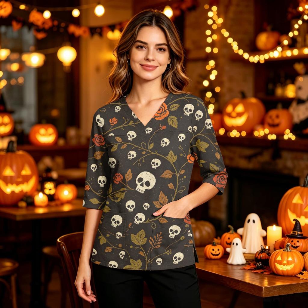 Women's Casual Halloween Print Uniform Top with V-Neck, Pockets and Side Slit, Three-Quarter Sleeve