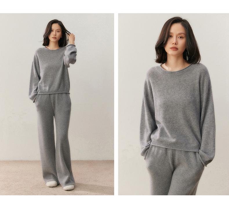 Women's Cashmere Rolled Hem Round Neck Sweater - 2025 Autumn/Winter Collection, Loose Fit and Slimming Pullover.