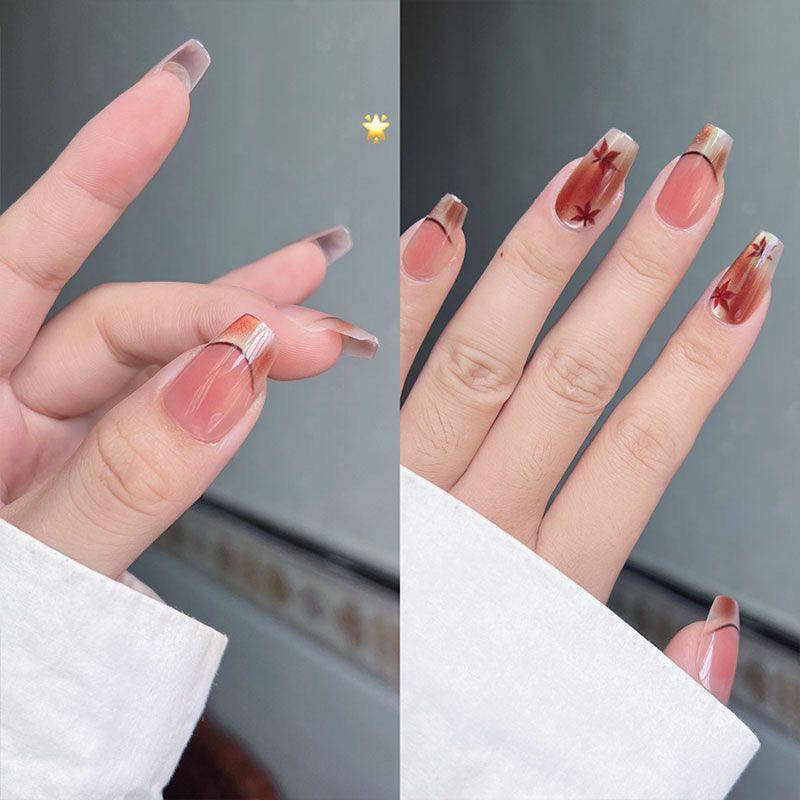10 Pcs Brown Maple Leaf Square Press On Nails Reusable Full Cover Fake Nail Tips Simple Art Design