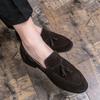 Soft Loafers Black Flat Men's Leather Shoes with Tassels Suede Male Casual Shoe Moccasin Pointed Toe Common Low Price Adults Pu