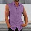 Men Summer Top Sleeveless Solid Color Single-breasted Patch Pockets Mid Length Match Pants Cardigan Lapel Men Summer Vest Men Clothes
