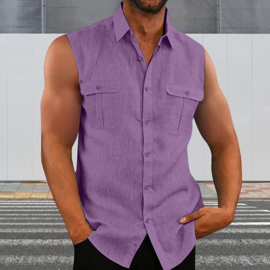 Men Summer Top Sleeveless Solid Color Single-breasted Patch Pockets Mid Length Match Pants Cardigan Lapel Men Summer Vest Men Clothes