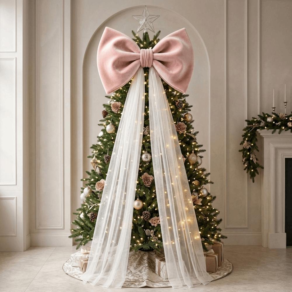 Mesh Tulle Large Velvet Christmas Bow Ornaments Tree Bow with Long Tails Wedding