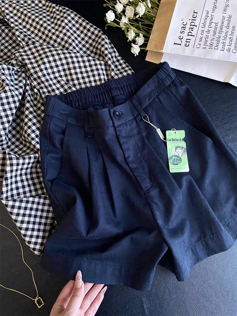 Old Money Style Tencel Linen High Waist Bermuda Shorts Medium темно-синий