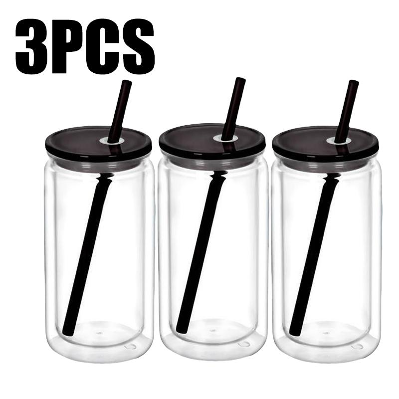 1/1/1PC 16OZ Double Wall Snowglobe Tumbler with Pre-Drilled Hole Reusable Drinks Cups With Straw Break-Resistant Mason Jar Cups