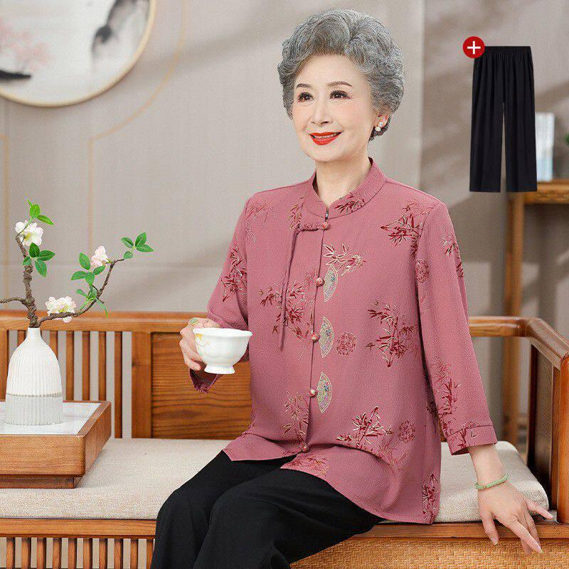 Mom's Spring & Autumn 2026 Chiffon Seven-Sleeve Shirt - New Chinese Style for Middle-Aged & Elderly Women