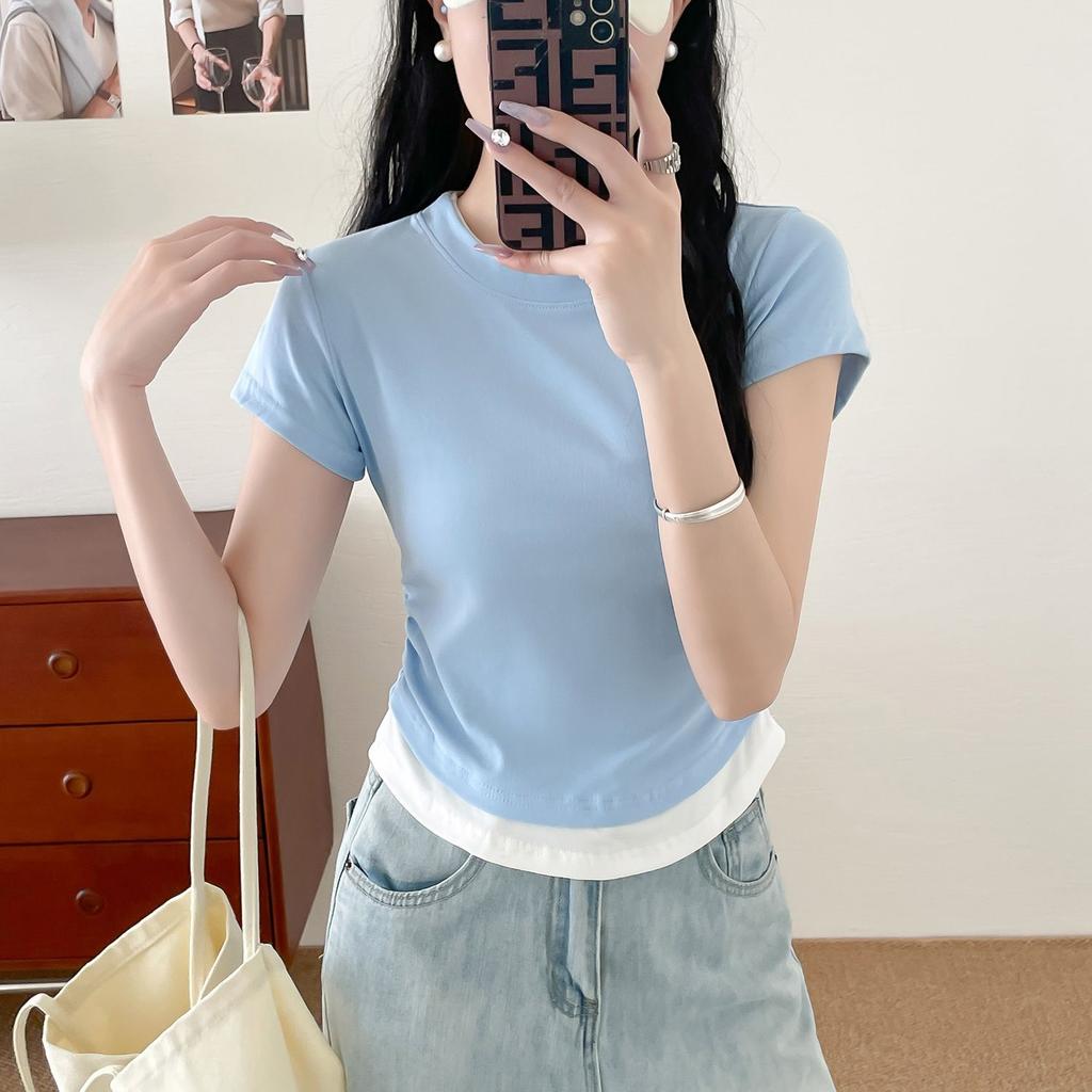 Contrasting Round Neck Straight Shoulder Fake Two-piece Short-sleeved T-shirt for Women In Spring and Summer Pleated Waist-hugging Short Top