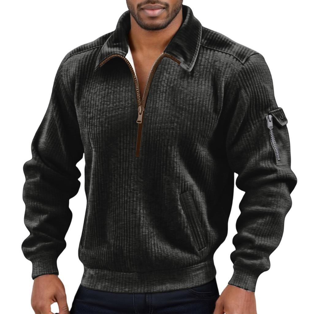 Men's Color Corduroy Zipper Neck Long Sleeve Top Men's Casual Lapel Top