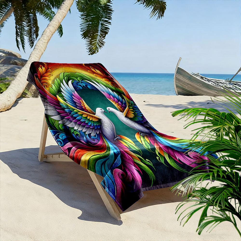 "Colorful Doves with Rainbow Wings" Patterned beach towel quick dry perfect for travel outdoor sports jogging the beach and swimming