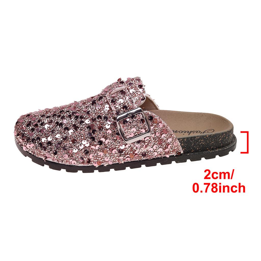 Flat Shoes for Women Clog Sandals Sparkly Slip-On Slippers Cork Footbed Indoor Outdoor Comfort Mules Women's Round Closed Toe Arch Support Slides