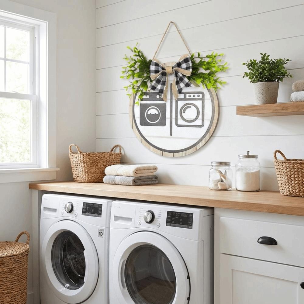 Wooden Wall Art Sign Wreath Circle Decorative Plaque Cute Bathroom Sign Plate Toilet