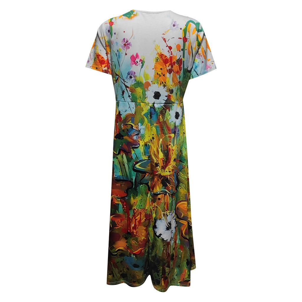 Women's Spring And Summer Fashion V-neck Short-Sleeved Printed Loose Hem Dress