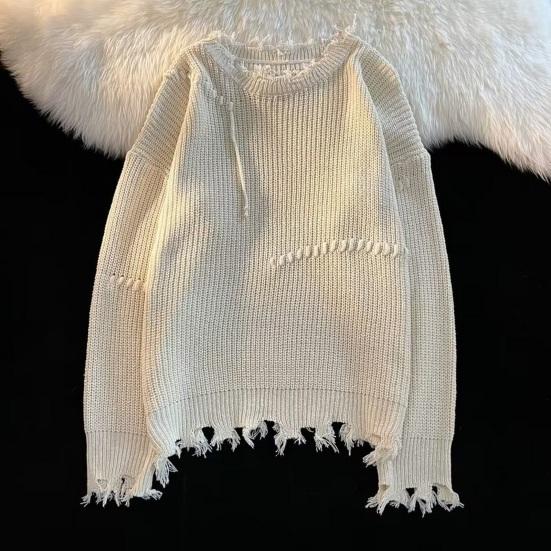 Men Fall Winter Sweater Ripped Tassel Solid Color Fringe Round Neck Knitted Mid Length Loose Long Sleeve Soft Warm Pullover Men Sweater
