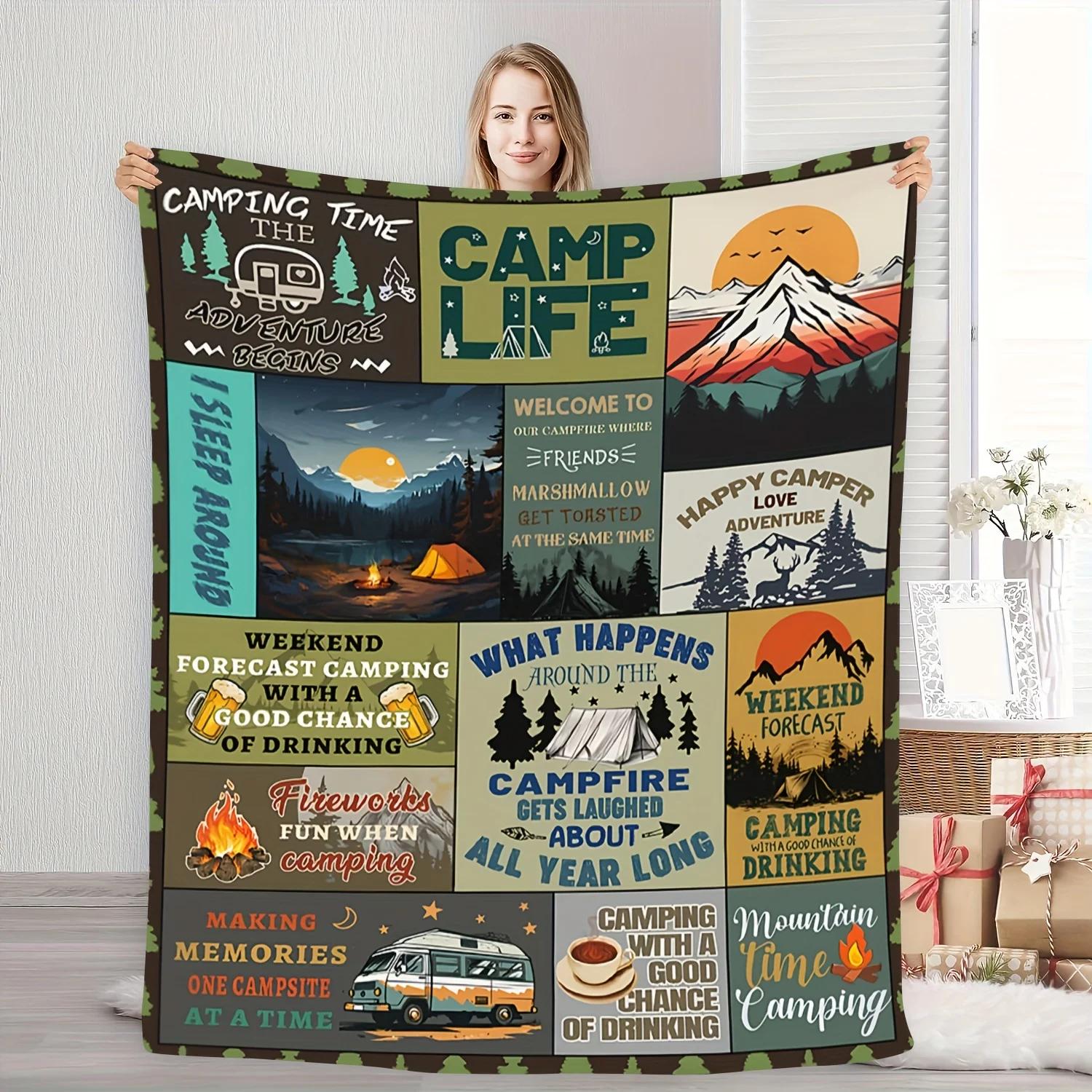 Cozy Camping Life Flannel Throw Soft Warm Blanket with Vibrant Scenes Campfires Forests Mountain Sunrises More 130cmx150cm
