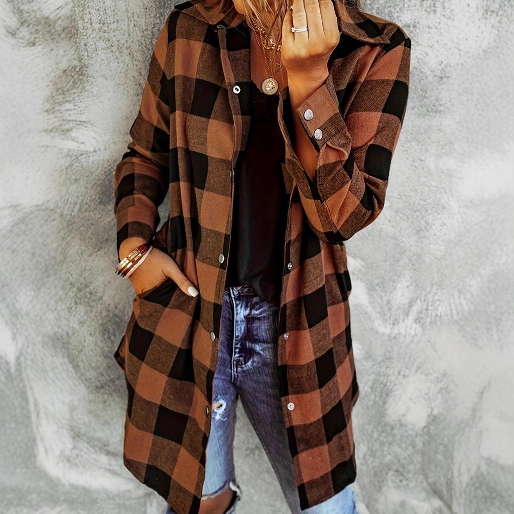 Fall Winter Vintage Plaid Long Sleeve Lapel Women's Loose Casual Shirt Jacket, Leisure Outerwear