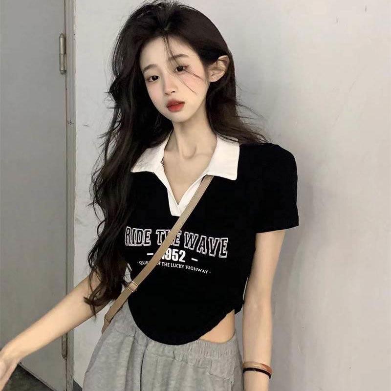 Women's Summer Irregular Slimming Polo Collar Color Block T-shirt with Short Sleeves