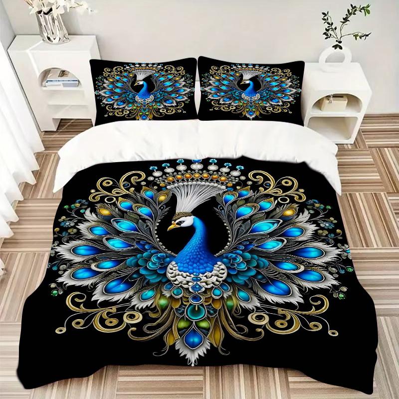 3pcs Enchanted Elegance Peacock Printed Quilt Set - Includes 1 Quilt Cover and 2 Pillowcases, Machine Washable - Suitable for All Seasons.J037