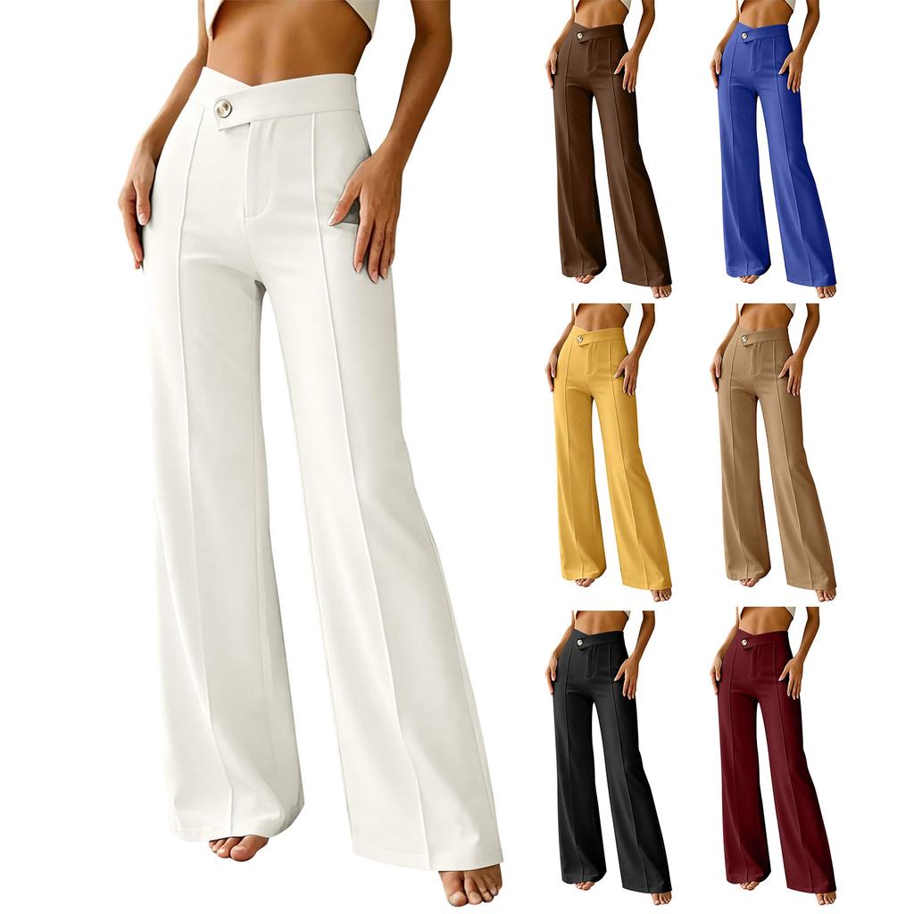 Women's High Waist Wide Leg Pants Flowy Casual Dress Trousers with Button for Spring Fall