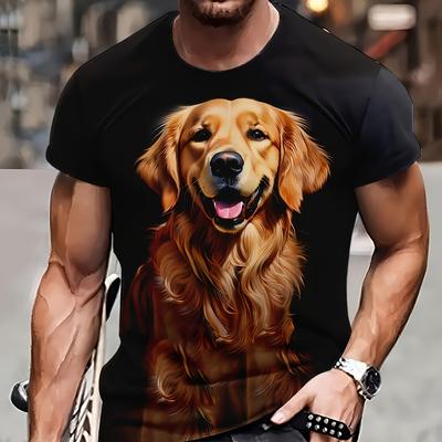 T-shirt à col rond et à manches courtes à motif de chien Golden Retriever numérique 3D, hauts décontractés confortables et respirants pour les vêtements d'été en plein air pour hommes