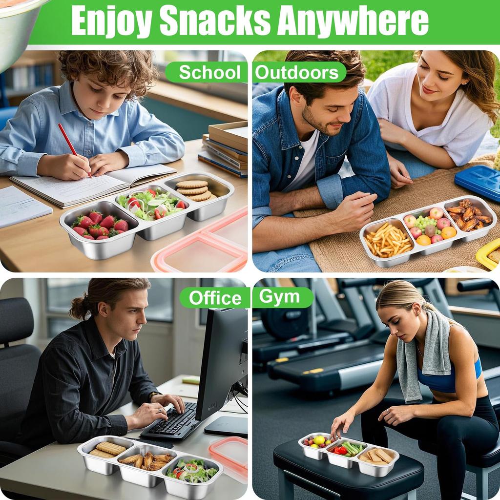 1/2PCS Stainless Steel Snack Box Container With Lid 3 Compartment Reusable Fruit Storage Box Leakproof Lunch Box for School Home