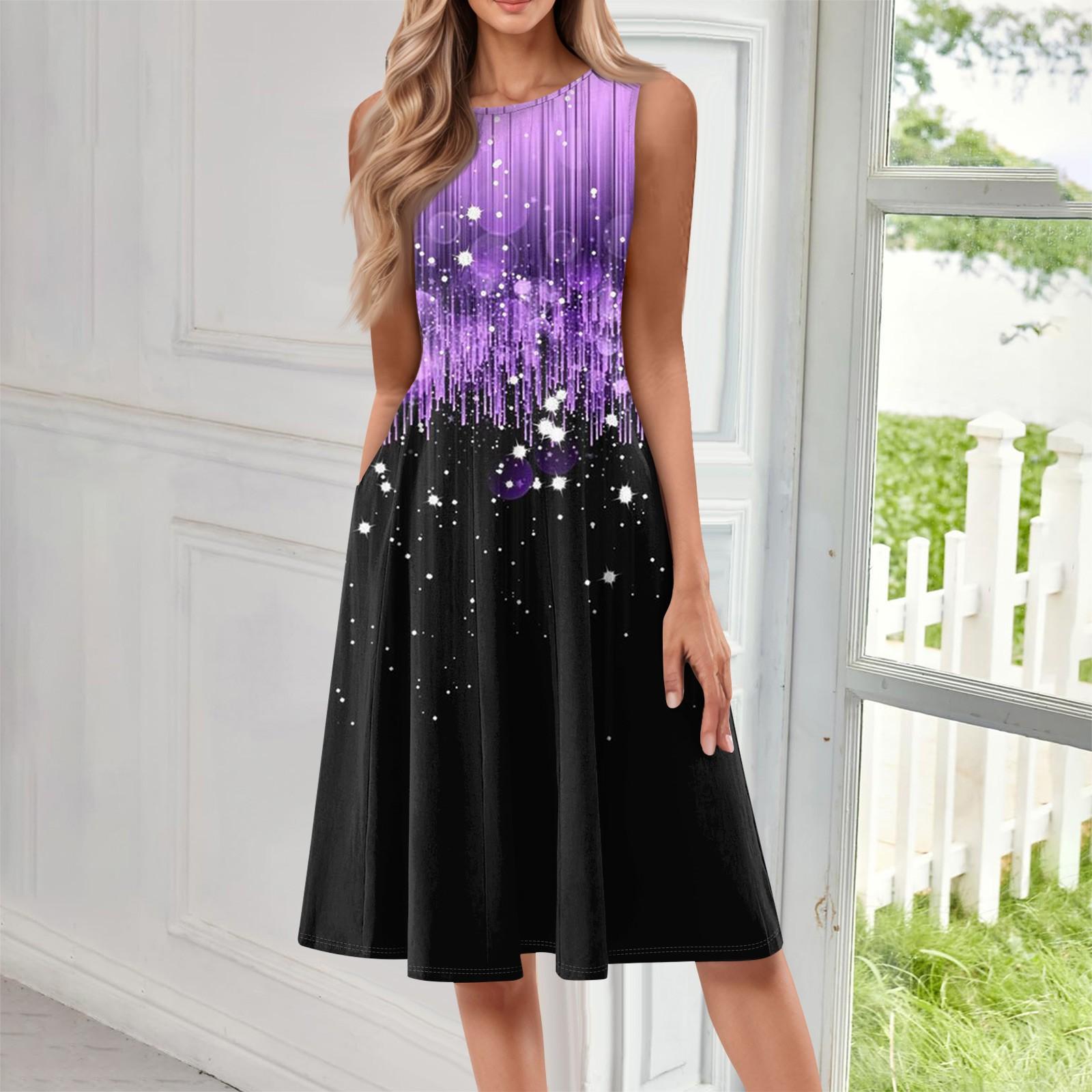 

Ladies Casual And Fashionable Round Neck Sleeveless Printed Mid Length Dress XL фіолетовий