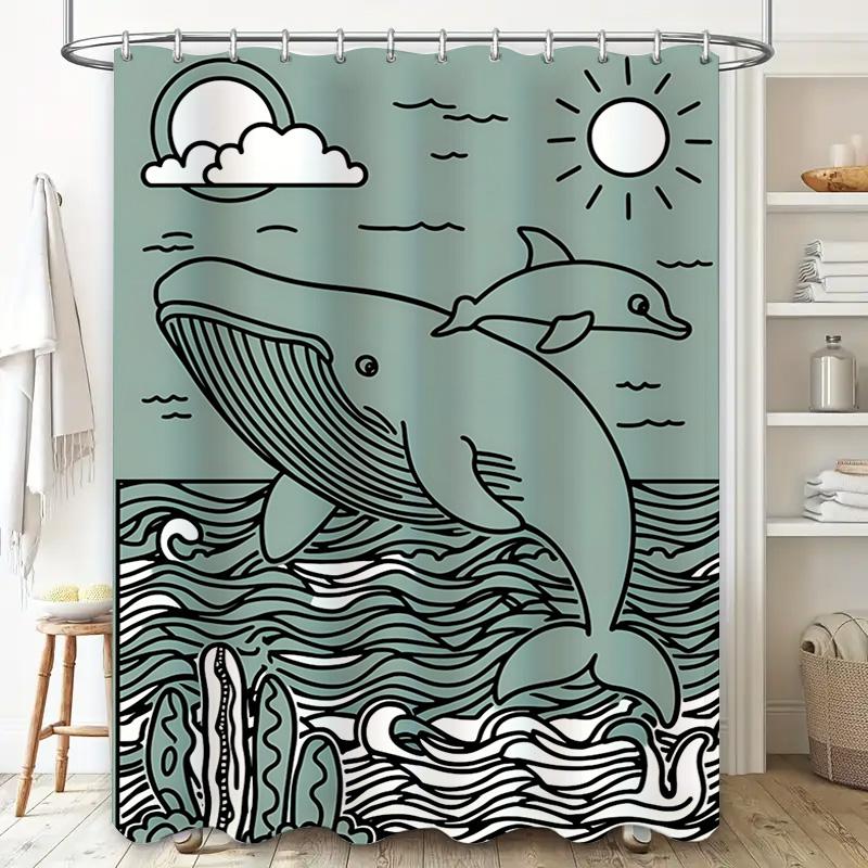 Oceanic Whale Dolphin Print Shower Curtain Set for Bathroom Decor Modern Style Waterproof Fabric Multiple Sizes Available (Green