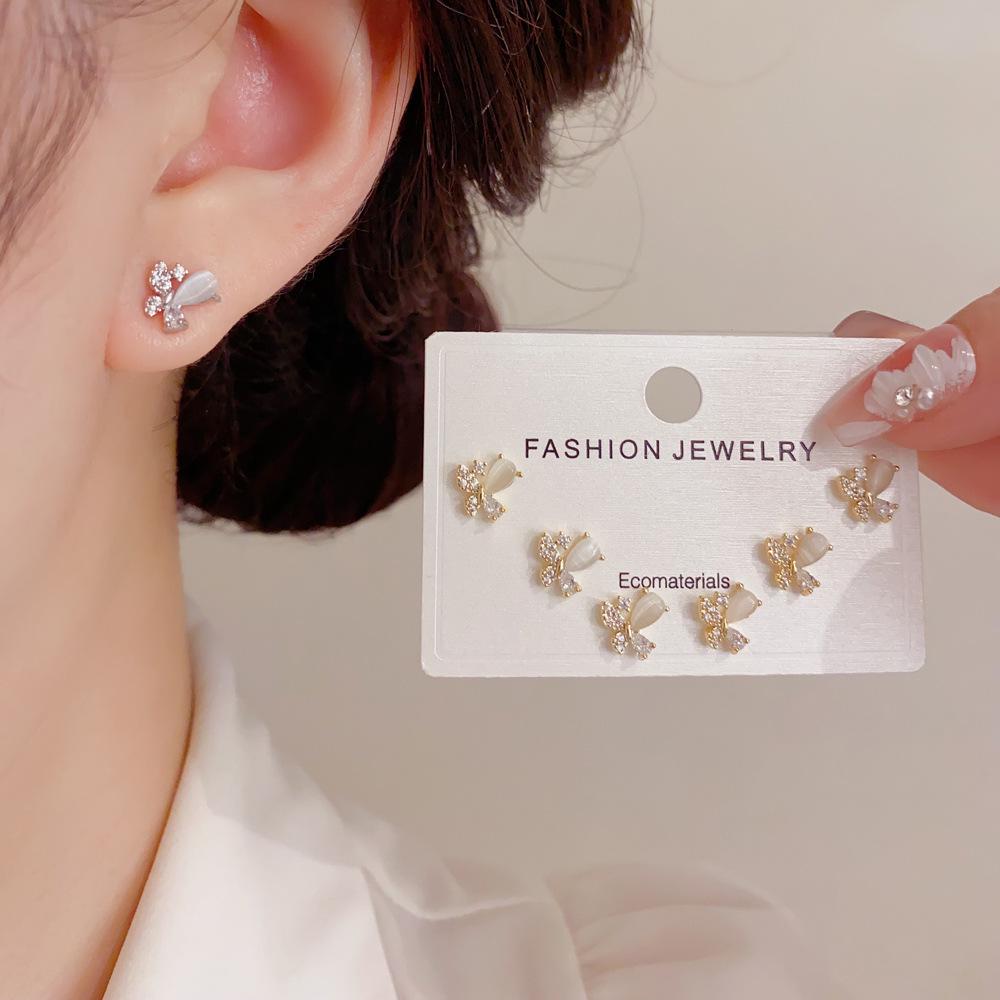 Elegant Three-Piece Zircon Cat's Eye Butterfly Stud Earrings for Daily Wear