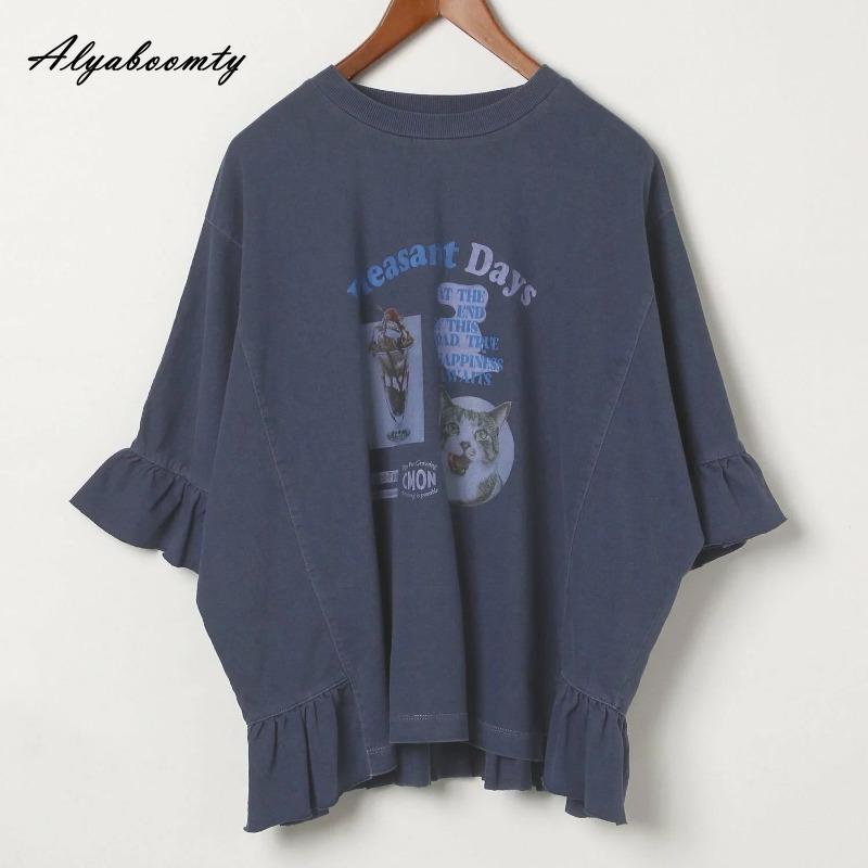 Koreansk Stil Pluss Størrelse Sommer Dame T-skjorte Kort O-hals Tegneserie Bokstavtrykk Oversized T-skjorte Flare Erme Baggy Casual Løs Bomullstopp