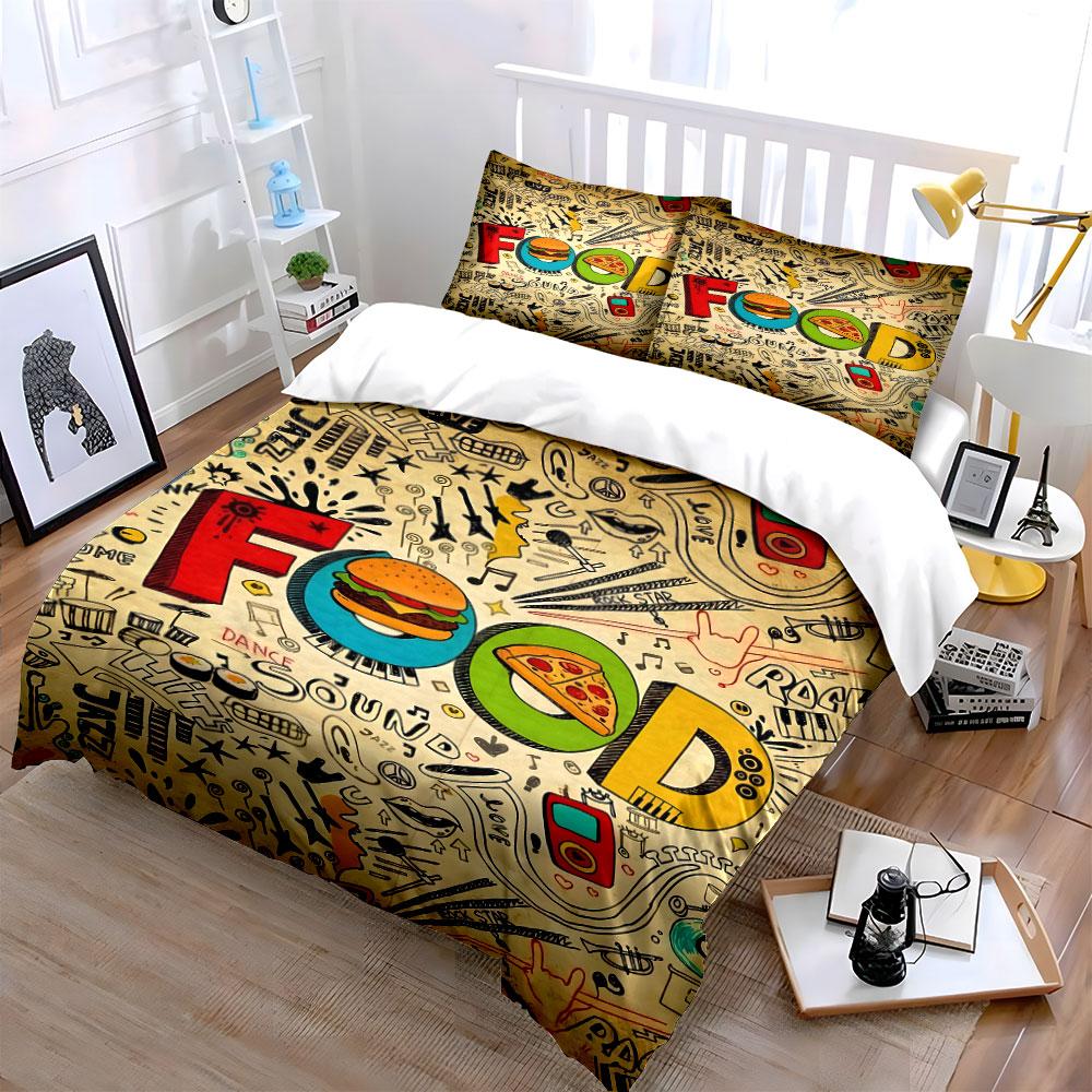Burger, pizza, music doodles. Bedding sets Duvet cover sets Duvet covers Pillowcases(1 * Duvet Cover 2 * Pillowcases without duvet insert)