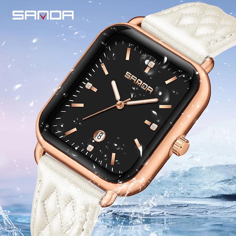Sanda Quartz Retro Square Watch: Simple Bar Index, Calendar, Waterproof, Business Casual, Unisex Strap