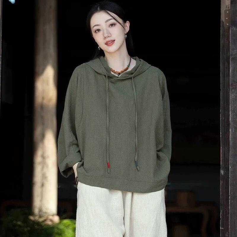 Johnature женские винтажные футболки с капюшоном однотонные льняные футболки весенние повседневные свободные женские футболки с длинными рукавами One Size темно-зеленого 3889₽