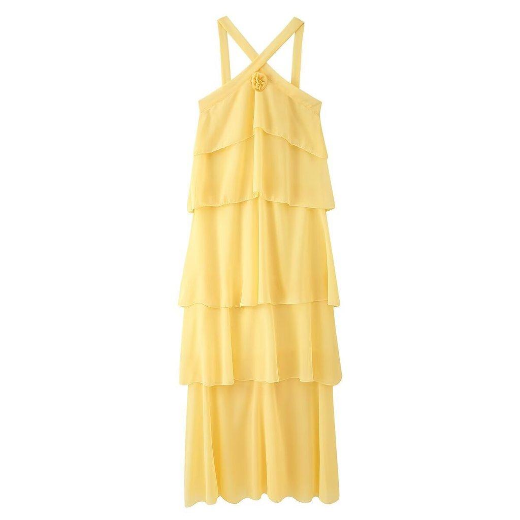 Polyester Floral Embellished Layered Chiffon Dress With Sleeveless Halter Neck For Spring