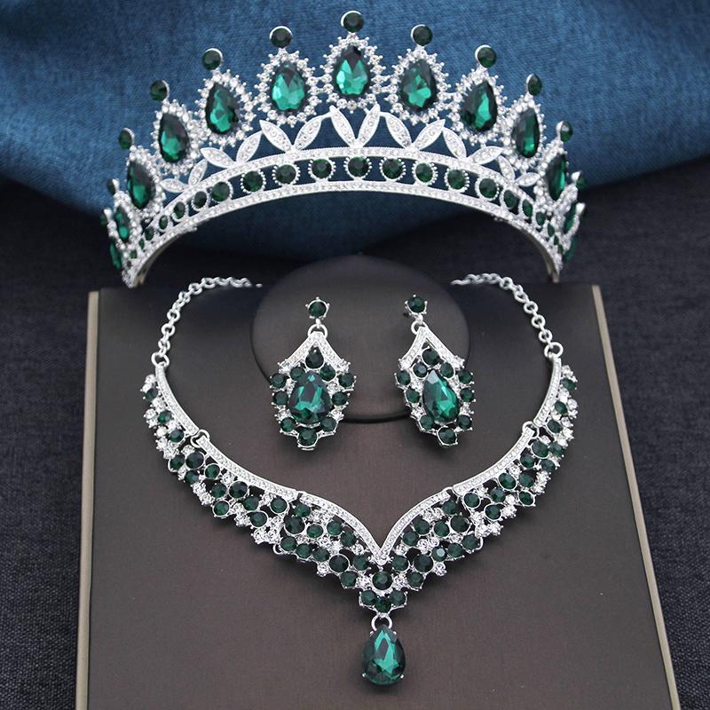 Wspaniałe Królewsko Niebieskie Kryształowe Zestawy Biżuterii Ślubnej Kolorowe Tiary Kolczyki Naszyjniki Zestaw dla Kobiet Suknia Ślubna Korona Zestaw Biżuterii