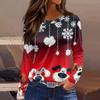 Women's Fashion Casual Slit Hem Round Neck Long Sleeve Loose Christmas Printed T-Shirt Ladies Top