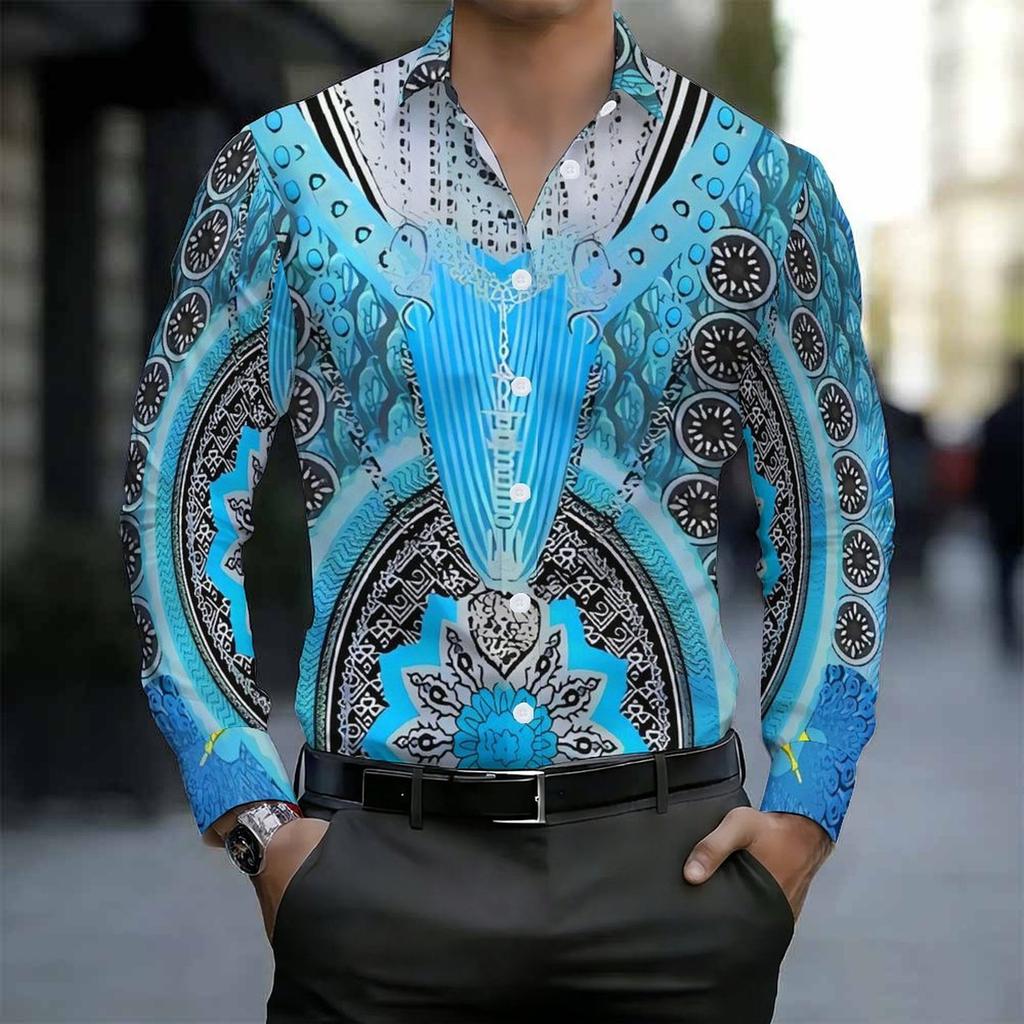 Men Collared Shirt Dark Blue Light Leaf Floral Silhouette Print Long Sleeve Button Down Top