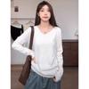 Oatmeal autumn v-neck collarbone-exposed right-shoulder long-sleeved sweater for women, fashionable age-reducing inner wear and stylish bottoming top